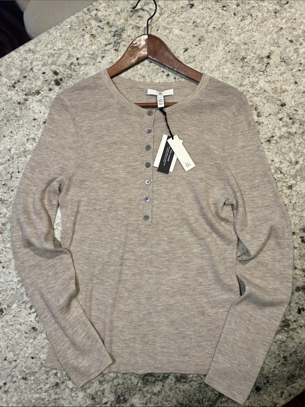 Eileen Fisher Taupe Crewneck Henley Sweater